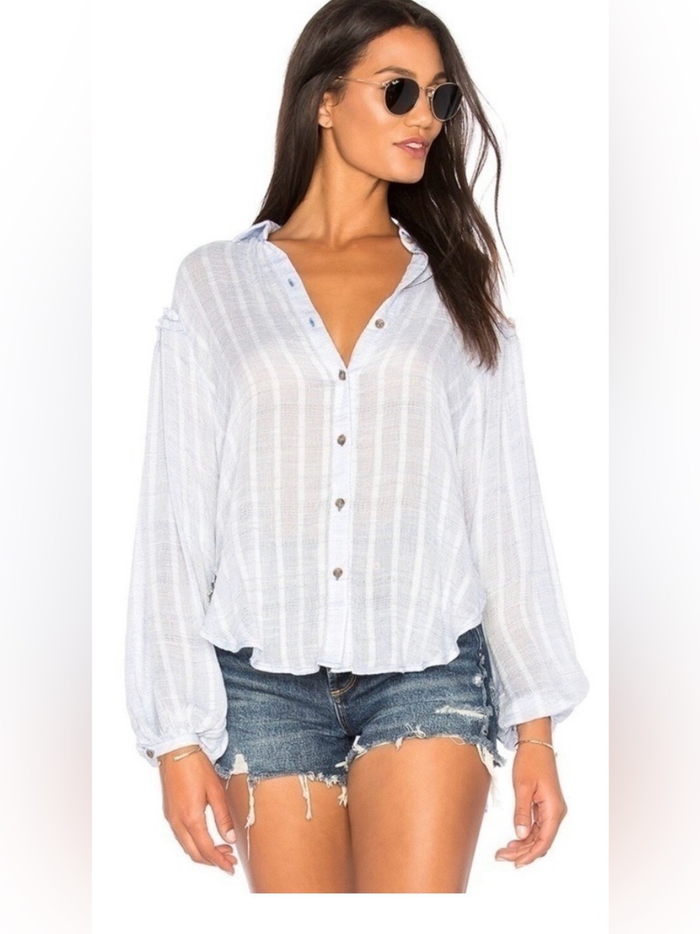 Free People White Cotton  Striped Button-Front Blouse
